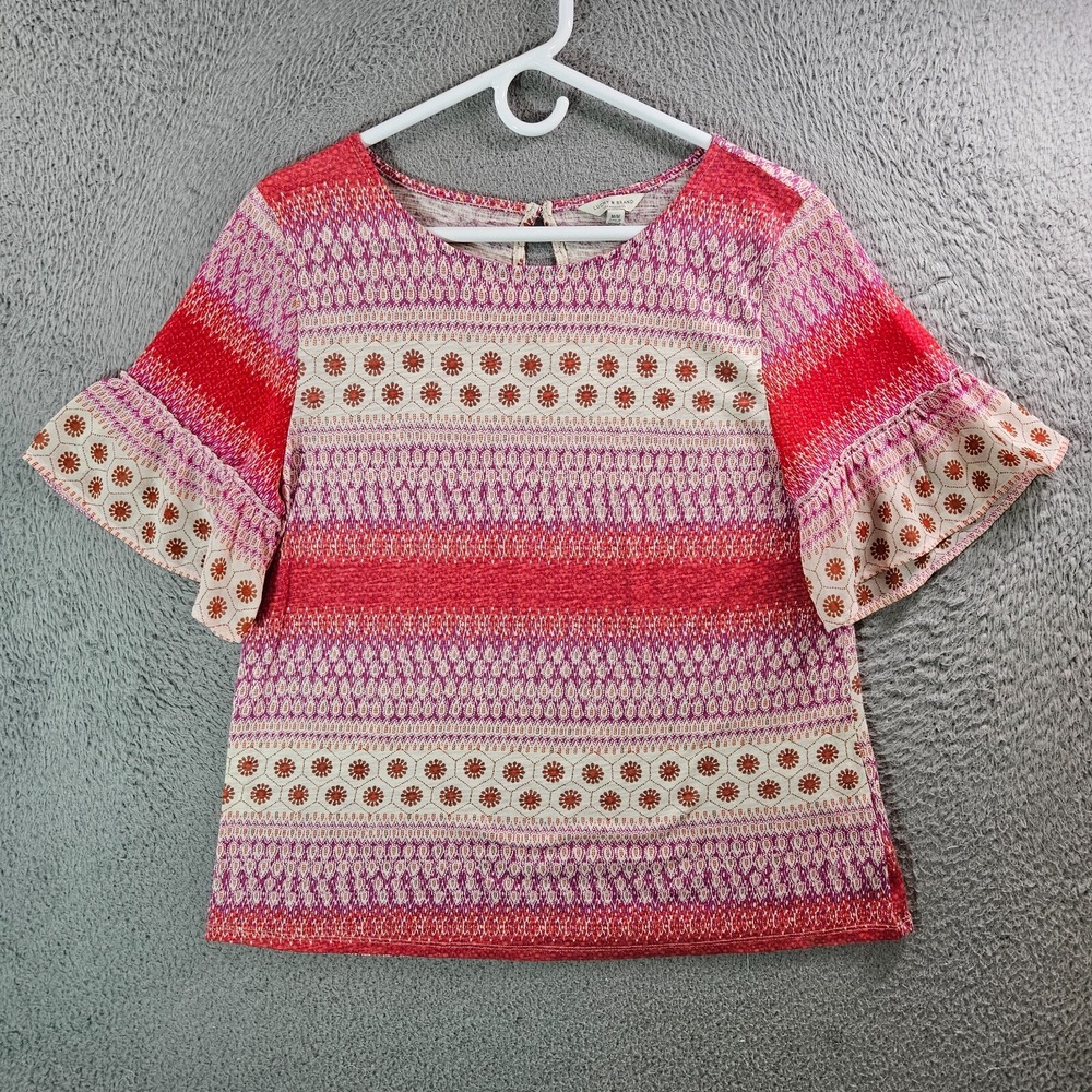 Lucky Brand Top Blouse Women Medium Geometric Print Ruffle Sleeve Red White